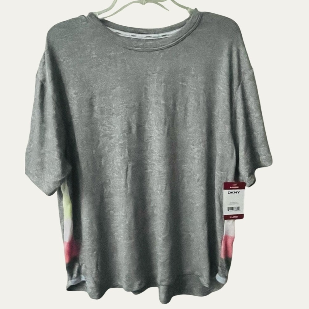 DKNY Gray Short Sleeve Crewneck Loungewear Pajama Top XL Multicolor Sides NWT